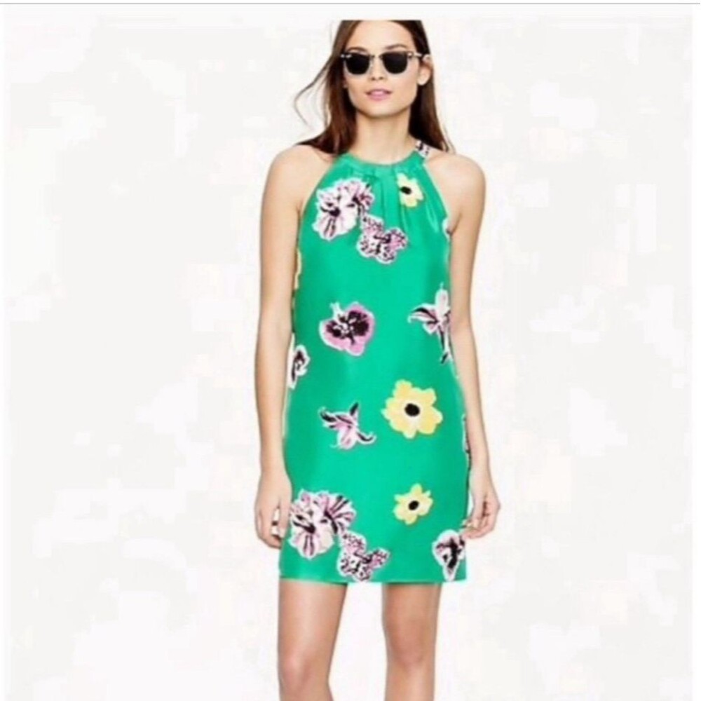 J. Crew Silk Halter Swoop Mini Dress Women’s 10 Green Pink Yellow Floral Preppy